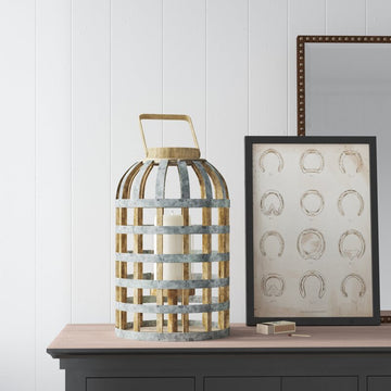 Rani Silver/Brown Glass-Metal-Wood Tabletop Lantern